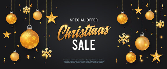 christmas sale banner or web header black background template with glitter gold elements, snowflakes