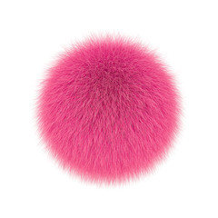 pink fluffy ball, fur pompon isolated on white