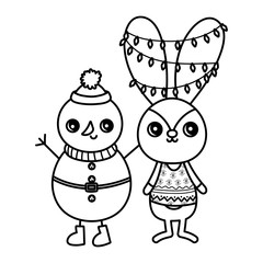 Poster - cute rabbit with lights and snowman merry christmas thick line