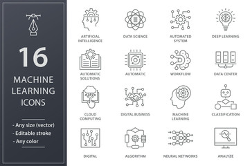 Aufkleber - machine learning line icons set. black vector illustration. editable stroke.