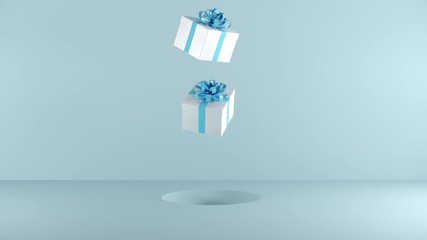 Sticker - Slow motion White gift box with blue Ribbon floating on pink color background. Christmas newyear idea concept. 3D Animation