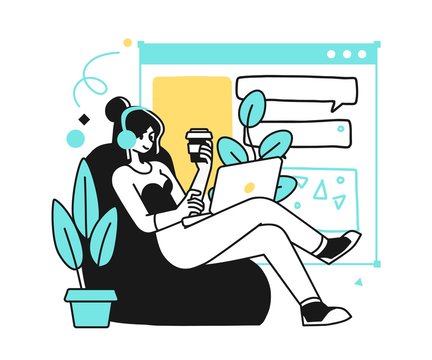 Online Education Courses Concept illustration. Smiling student satisfied with learning during online courses using netbook. Outline vector Style.
