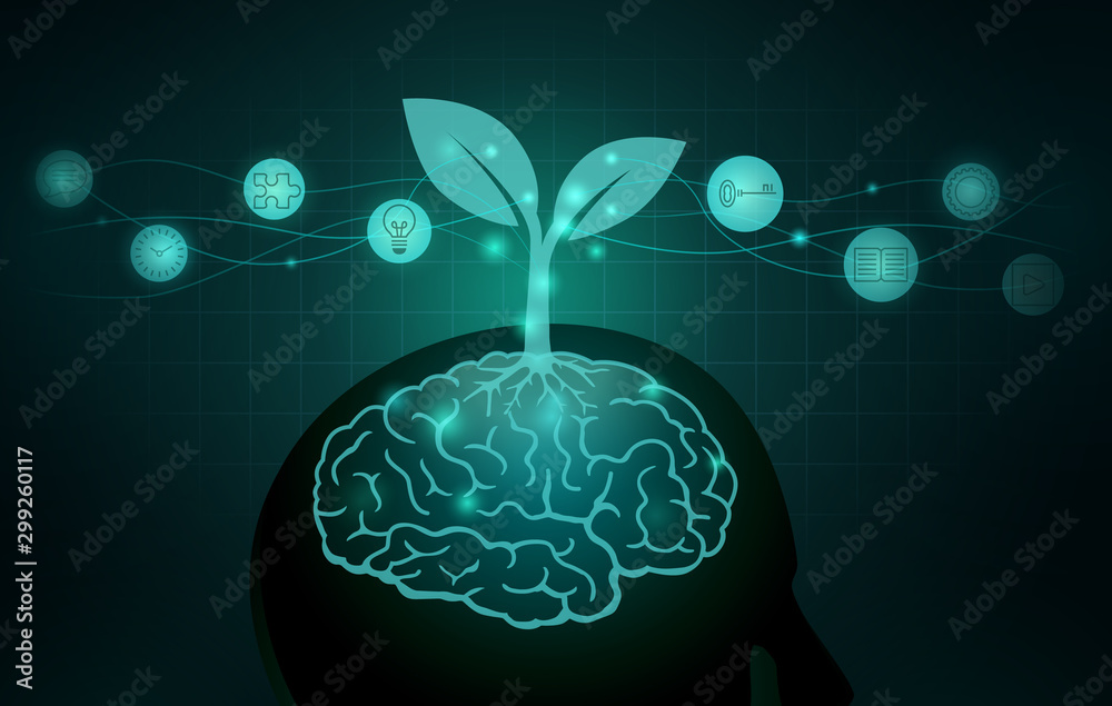 Tree growing out of human brain. Silhouette illustration about the ways to Build a Growth Mindset and good Attitude. - obrazy, fototapety, plakaty 
