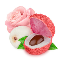 Wall Mural - Tender pink composition with lychee and rose flower isolated on a white background with clipping path.