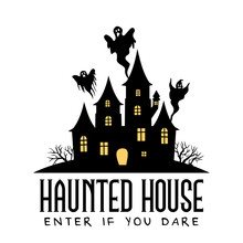 Haunted House Vector Sign With Creepy House And Shosts