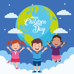 Poster - happy children day with kids in the world planet