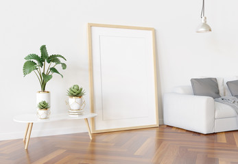 Aufkleber - Wooden frame leaning in bright white living room with plants and decorations mockup 3D rendering