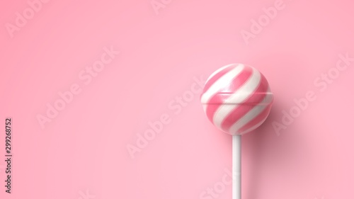 Photographie Striped fruit pink and white lollipop on stick on bright pink background with co
