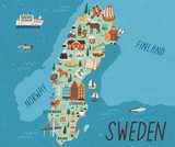 Fototapeta Miasta - Cultural map of Sweden flat vector illustration. European country traditional landmarks and tourist attractions. EU state cartoon drawing. Travel guide with famous sights and animals.