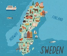 Cultural Map Of Sweden Flat Vector Illustration. European Country Traditional Landmarks And Tourist Attractions. EU State Cartoon Drawing. Travel Guide With Famous Sights And Animals.
