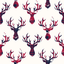 Blue And Red Checks Textured Silhouettes Of A Deer Heads On White Background Vector Seamless Pattern