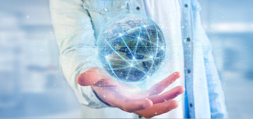 Poster - man holding connection around a world globe isolated 3d rendering