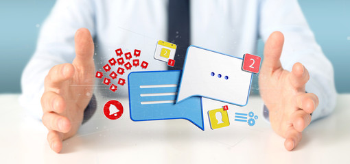 businessman holding message and notifications of social media 3d rendering