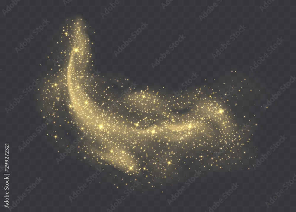 Golden dust cloud with sparkles isolated on transparent background. Stardust sparkling background. Glowing glitter smoke or splash. Vector illustration. - obrazy, fototapety, plakaty 