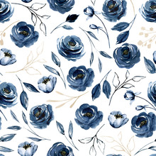 Seamless Pattern With Watercolor Flowers Navy Blue Roses, Repeat Floral Texture, Background Hand Drawing. Perfectly For Wrapping Paper, Wallpaper, Fabric, Texture And Other Printing. 