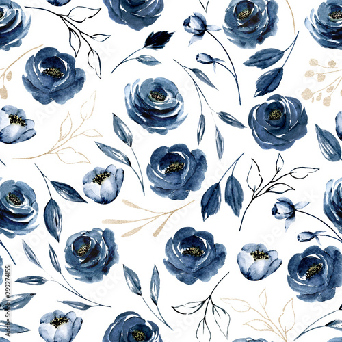 Naklejka dekoracyjna Seamless pattern with watercolor flowers navy blue roses, repeat floral texture, background hand drawing. Perfectly for wrapping paper, wallpaper, fabric, texture and other printing. 