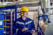 © Dusan Petkovic - Dedicated smiling factory worker standing next to boiler and holding tablet. Worker is dressed in protective uniform, having hardhat and antiphons.