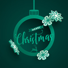 Sticker - Calligraphy of Merry Christmas on green bauble shape greeting card design decorated with 3d paper snowflakes.