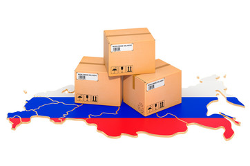 Poster - parcels on the russian map. shipping in russian federation, concept. 3d rendering