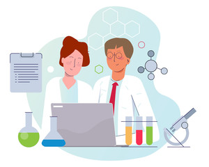 two scientist working on lab wearing white laboratory uniform. male and female working together with