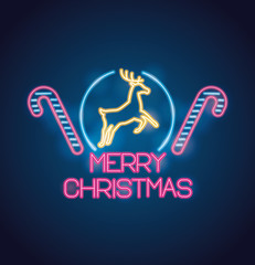 Canvas Print - mery christmas reindeer and canes neon lights