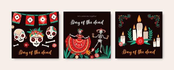 Wall Mural - Day of dead holiday cards templates set. Decorated sugar skulls color drawing. Dancing cartoon human skeletons in national costumes. Traditional festive postcards collection. Mexican carnival.