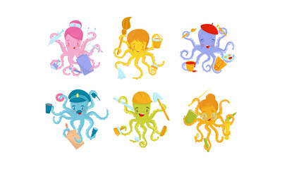  Six Octopuses Engaging in Different Occupations Holding Different Objects and Doing Many Things