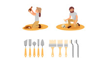 Man And Woman Scientists Working On Excavations, Archaeological Artifacts Vector Illustration