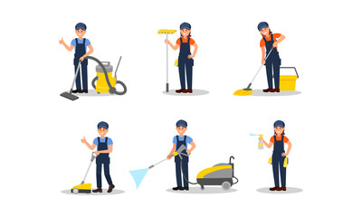 Cleaners Executing Their Work Duties Vector Illustrations Set