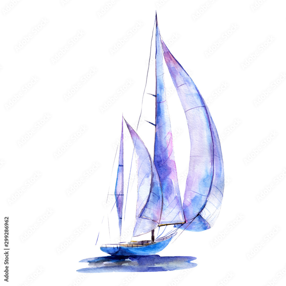 Watercolor illustration, hand drawn painted sailboat isolated object on white background. Art print boat with blue sails. - obrazy, fototapety, plakaty 