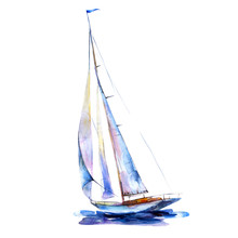 Watercolor Illustration, Hand Drawn Painted Sailboat Isolated Object On White Background. Art Print Boat With Blue Sails.