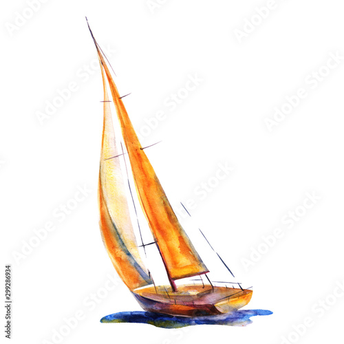 Fotomural Watercolor illustration, hand drawn painted sailboat isolated object on white background