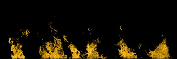 Wall Mural - Real fire orange flames isolated on black background. Mockup on black of 5 flames.