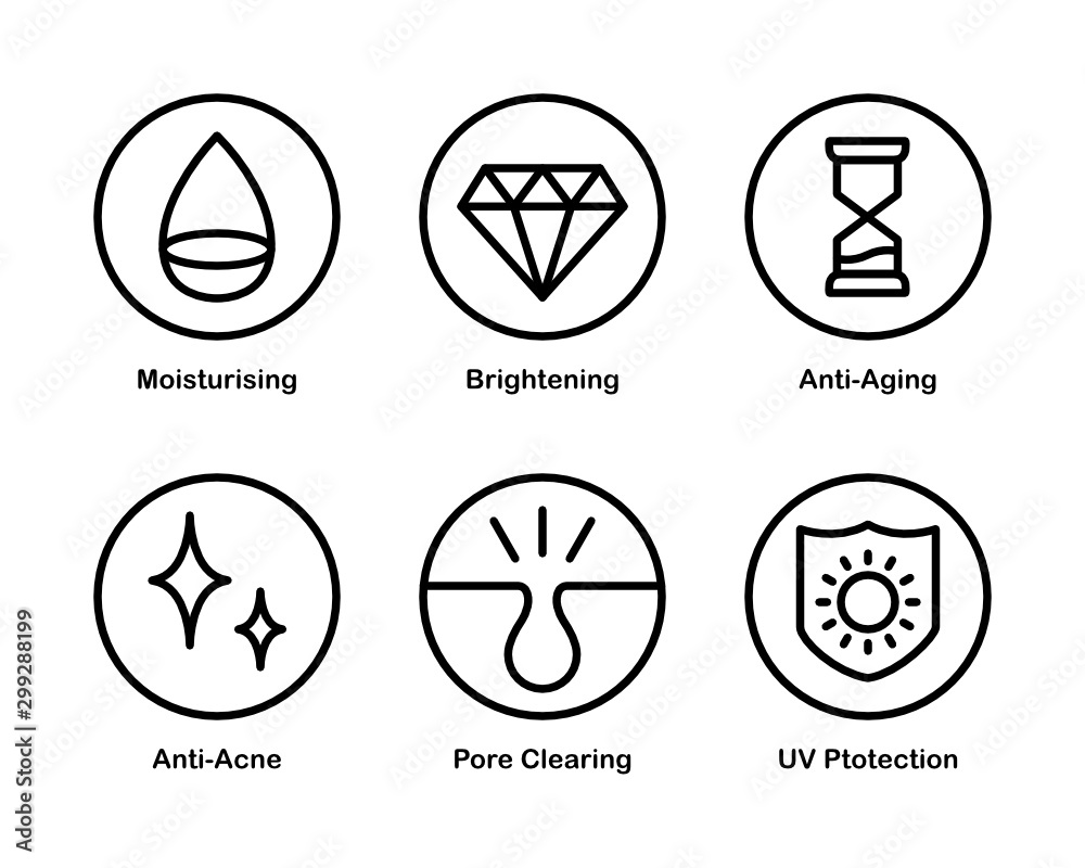 Set of 6 Vector Icons with Cosmetic Properties and Effects. - obrazy, fototapety, plakaty 