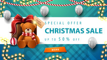 Special Offer, Christmas Sale, Up To 50% Off, Beautiful Blue And Wite Discount Banner With Garlands, White Balloons, Button And Present With Teddy Bear