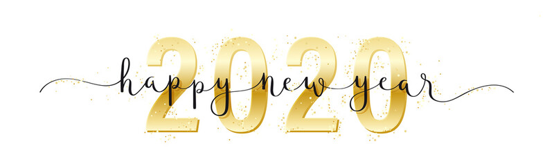 HAPPY NEW YEAR 2020 black and metallic gold vector brush calligraphy banner with swashes and confetti