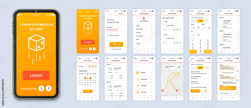 Delivery mobile app smartphone interface vector templates set. Online parcel shipping web page design layout. Pack of UI, UX, GUI screens for application. Phone display. Web design kit - obrazy, fototapety, plakaty 