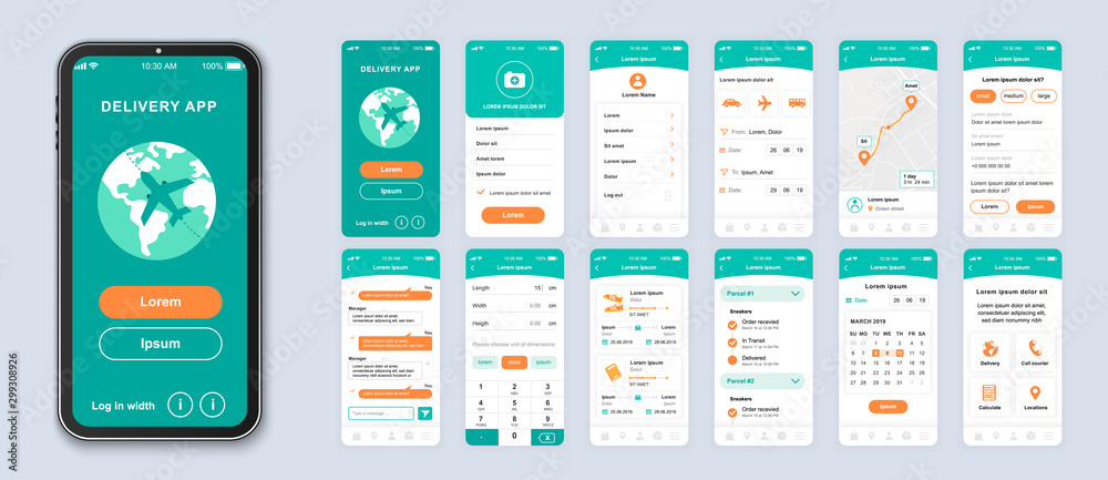 Delivery smartphone interface vector templates set. Mobile app page green design layout. Pack of UI, UX, GUI screens for application. Phone display. Worldwide parcel shipping web design kit - obrazy, fototapety, plakaty 
