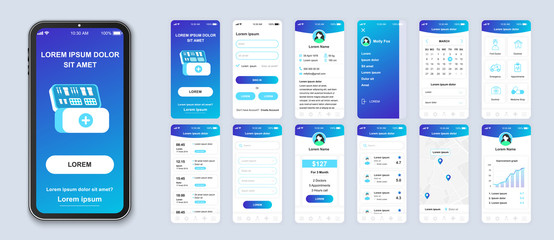 Poster - Medicine smartphone interface vector templates set. Healthcare mobile app page blue design layout. Pack of UI, UX, GUI screens for application. Phone display. Web design for online clinic kit