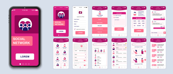 Poster - Social network smartphone interface vector templates set. Internet communication. Mobile app page pink design layout. Pack of UI, UX, GUI screens for application. Web design elements kit