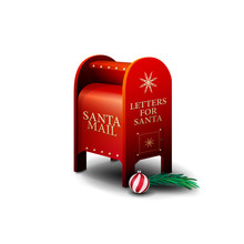 Red Santa Letterbox With Christmas Tree Btanch And Ball Isolated On White Background