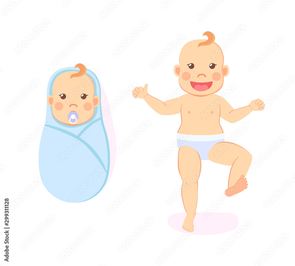 Baby milestones, period from 1 to 12 month, newborn swaddled infant and ...