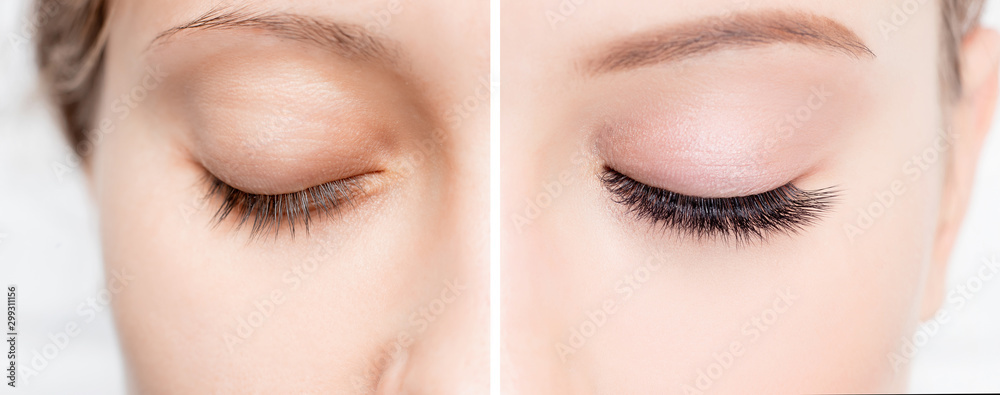 Eyelash extensionl procedure before and after. Beautiful woman with long lash in beauty salon - obrazy, fototapety, plakaty 