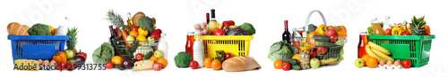 Fotografía Set of shopping baskets with grocery products on white background