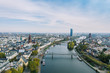 Frankfurt am Main Aerial view with drone. Looking towards the central bank. Main river flowing near Frankfurt. Frankfurt am Main Germany 30.10.2019