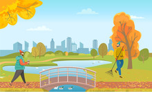 Man Walking In Park With Cup Of Coffee. Janitor Sweeping Orange Foliage On Outdoor Territory. Bridge Under Lake With Swimming Ducks. People In Autumn Lawn And Beautiful Cityscape On Background, Vector