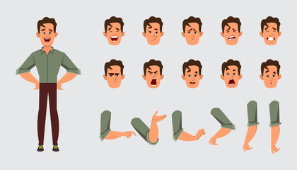young smart boy character with different facial expression and hand poses. animation character model