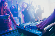Dj Playing Stereo Loud Sound Rhythm Set For Attractive Stylish Cheerful Positive People Crowd Hang Out Enjoying Evening Having Fun Time Festive Concert At Fashionable Modern Nightclub