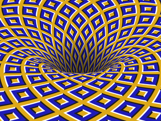 Poster - Rotating hole of moving blue yellow squares ornament. Vector optical illusion background.