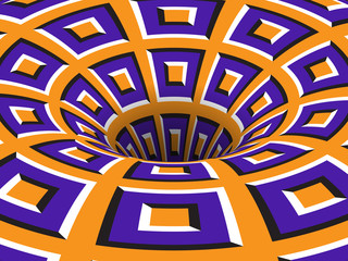 Wall Mural - Rotating hole of moving purple orange squares ornament. Vector optical illusion background.